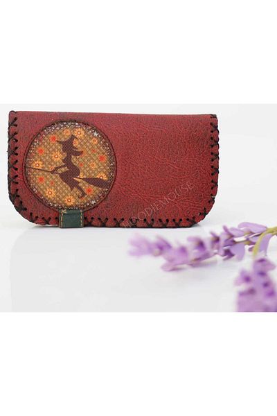 HOODİEMOUSE Large Wallet with Witch Figure Ethnic Bohemian Retro Vintage Style - Claret Red