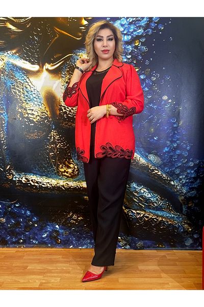 Yeşilmoda Tooling Jacket Pants Quality Crepe Red Laciness Rhinestone Embroidered High Quality