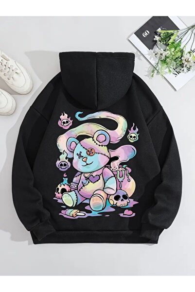 LAND MODA Hanorac unisex negru cu glugă cu imprimeu ursuleț