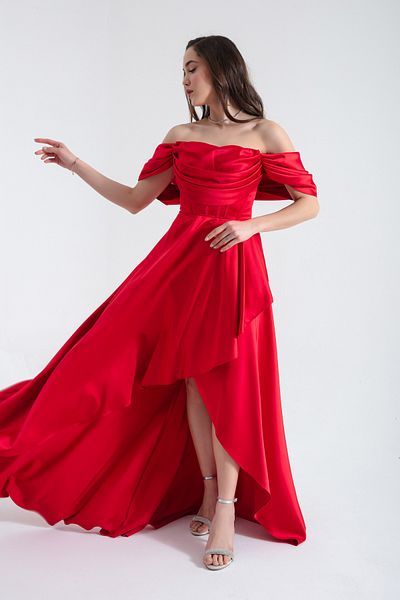 Lafaba Women's Red Boat Neck Flounced Long Satin Evening Dress
