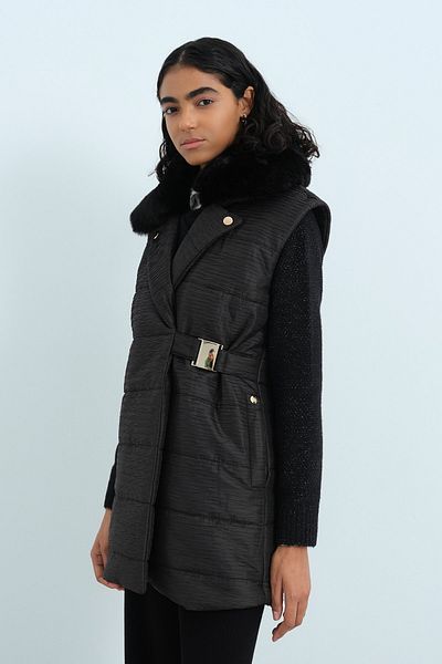 Nihan Black Quilted Vest with Fur Belt