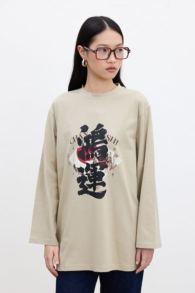 Manuka Beigefarbenes, übergroßes, bedrucktes Langarm-T-Shirt