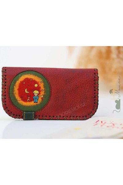 HOODİEMOUSE Big Wallet with Little Prince Figure Ethnic Bohemian Retro Vintage Style - Claret Red