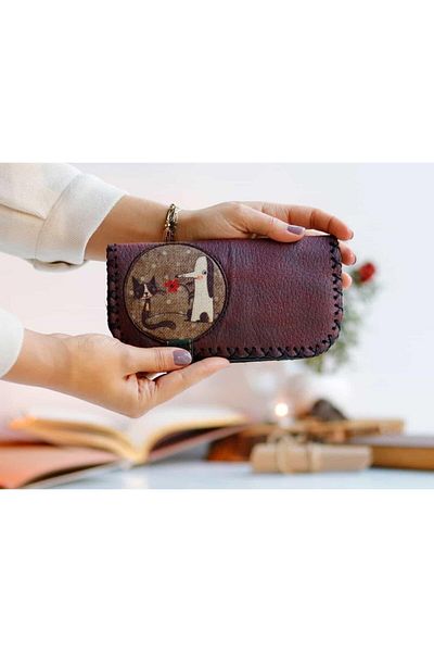 HOODİEMOUSE Large Wallet with Fox Figure Ethnic Bohemian Retro Vintage Style - Claret Red