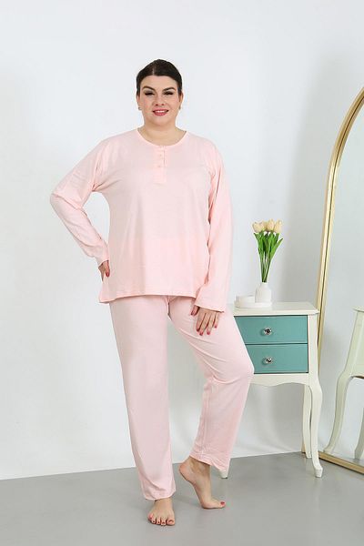 Akbeniz Pink Combed Cotton Pajama Set - Long Sleeve, Plus Size 202501
