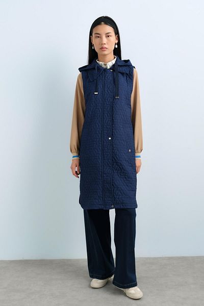 Nihan Thin Quilted Mobile Hooded Vest Navy Blue