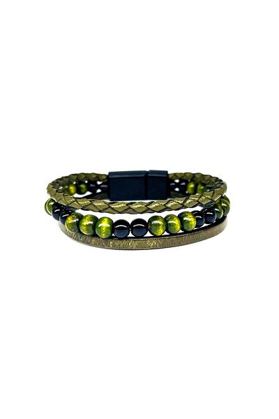 Lux Leder 3 Rows of Beaded Genuine Leather Hand Knitted - Magnet Bracelet