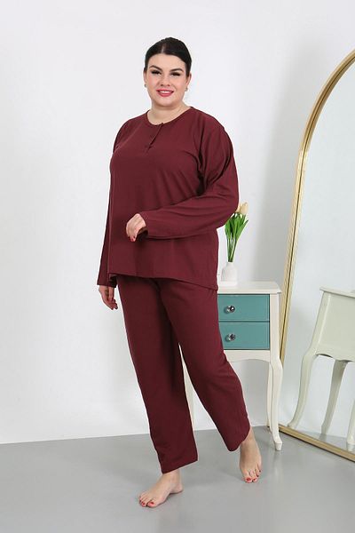 Akbeniz Burgundy Combed Cotton Pajamas - Long Sleeve, Plus Size 202501