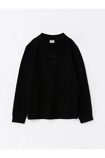 LC Waikiki Tricou pentru băiat cu mânecă lungă de bază cu guler polo negru LCW Kids