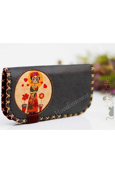 HOODİEMOUSE Large Wallet with Mexican Frida Figure Ethnic Bohemian Retro Vintage Style - Anthracite