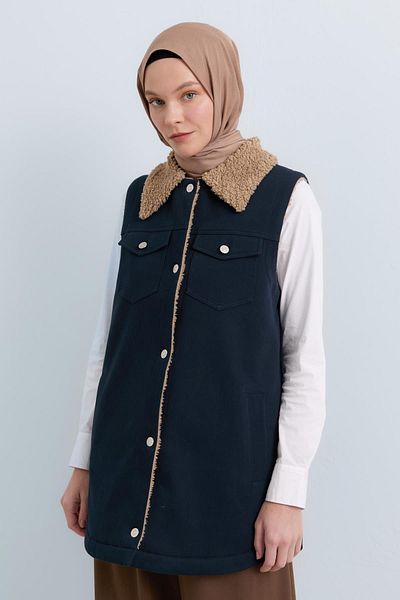 Nihan Fur Lined Fur Collar Gabardine Vest Navy Blue