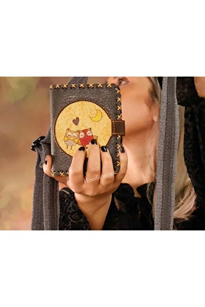 HOODİEMOUSE Small Wallet with Owl Figure Ethnic Bohemian Retro Style - Anthracite
