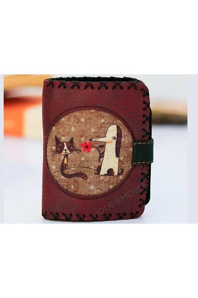 HOODİEMOUSE Small Wallet with Fox Figure Ethnic Bohemian Retro Style - Claret Red