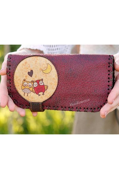 HOODİEMOUSE Large Wallet with Owl Figure Ethnic Bohemian Retro Vintage Style - Bordo
