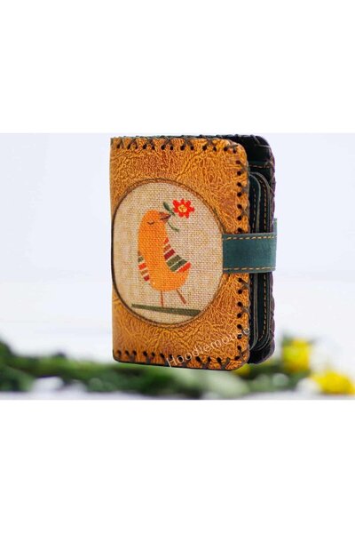 HOODİEMOUSE Kuş Figürlü Küçük Cüzdan Etnik Bohem Retro Style - Hardal