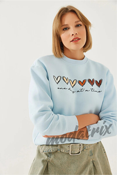 Zıbıncı Γυναικείο φούτερ με τρεις κλωστές με στάμπα με καρδιά σε χρώμα με ριχτάρι MBHS