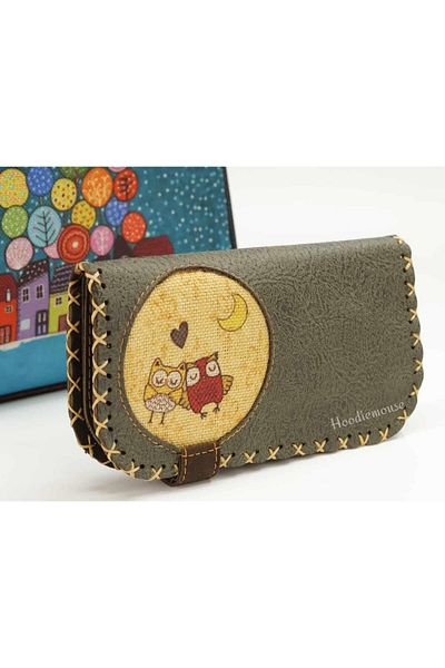 HOODİEMOUSE Large Wallet with Owl Figure Ethnic Bohemian Retro Vintage Style - Green