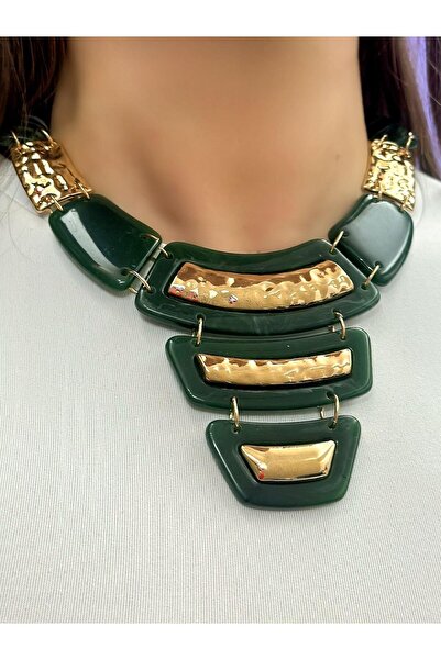 MyladyAccessoriess Gold Ezme Plaka Detaylı Kesik Kolye Yeşil