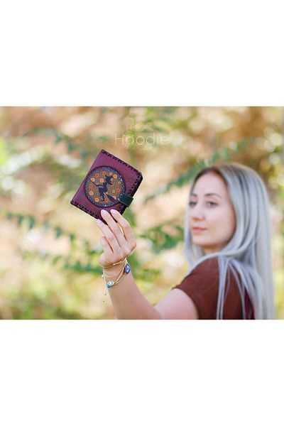 HOODİEMOUSE Witch Figured Small Wallet Ethnic Bohemian Retro Style - Claret Red