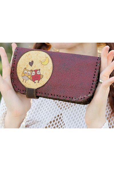 HOODİEMOUSE Large Wallet with Owl Figure Ethnic Bohemian Retro Vintage Style - Bordo