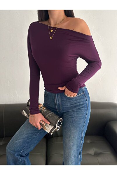 By Kuzey Aras Bluză elegantă din țesătură mov Sandy cu gât barca