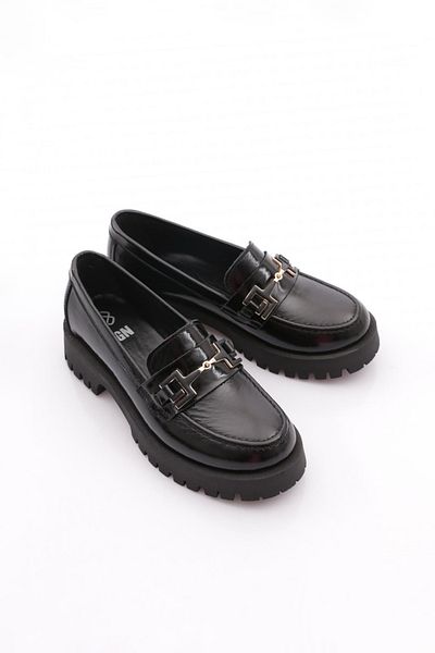DGN Women's Loafer Shoes with Metal Accessories Genuine Leather Black Patent Leather 3965841