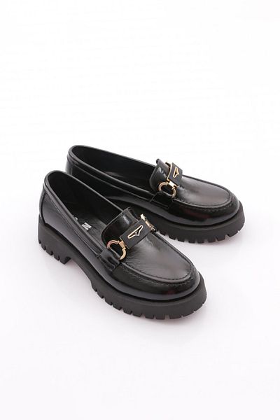 DGN Women's Buckle Thick Sole Loafer Shoes Genuine Leather Black Patent Leather 3966841