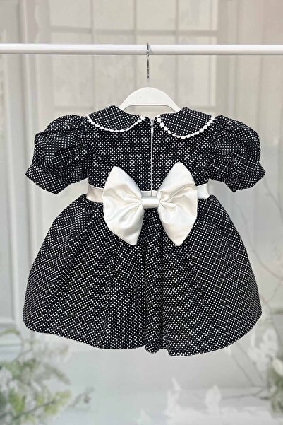 Bertuğ Bebek Bebe Yaka Dantelli Kız Çocuk Bebek Puantiyeli Pamuklu Siyah Beyaz Elbise