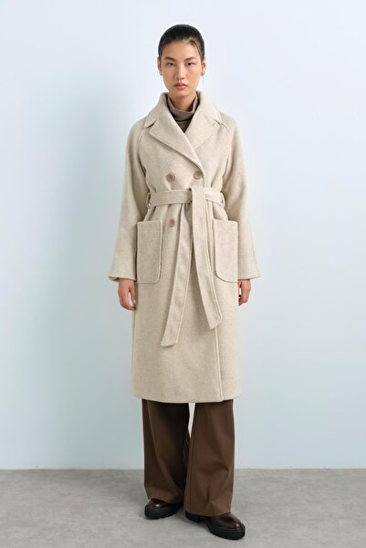 Nihan Kruvaze Kapama Kuşaklı Kaban Ekru