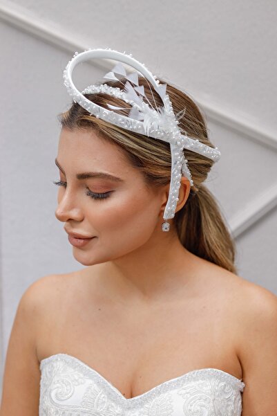 Turkuaz Gelin Saç Aksesuarı/Düğün Nikah After İnci Tüy Beyaz Gelin Taç