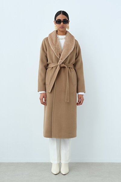 Nihan Kürklü Şal Yaka Kuşaklı Kaşmir Kaban  Vizon