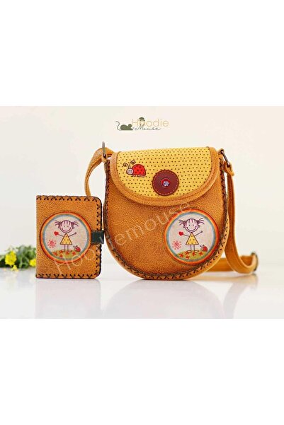 HOODİEMOUSE Cin Ayse Figured Design Cross Braided Shoulder Bag Mustard and Wa...