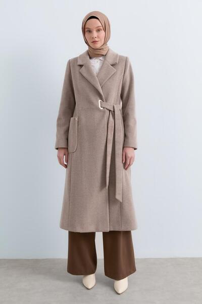 Nihan Yandan Bağlamalı Kruvaze Kaban Vizon