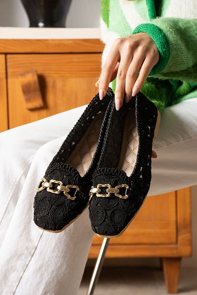 STOCON Orthopedic Women's Ballerina Chain Detailed Knitwear Light Sole Casual Shoes Stc1066