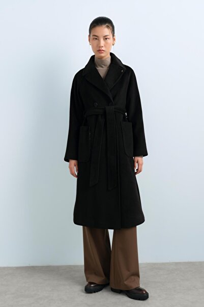 Nihan Kruvaze Kapama Kuşaklı Kaban Siyah