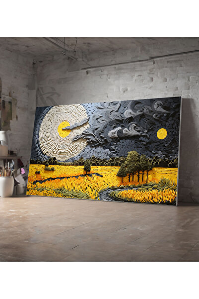 AR AJANS KANVAS TABLO Yıldızlı Gece Üzerinde Buğday Tarlası yaglı boya görünümlü Dekoratif kanvas TABLO