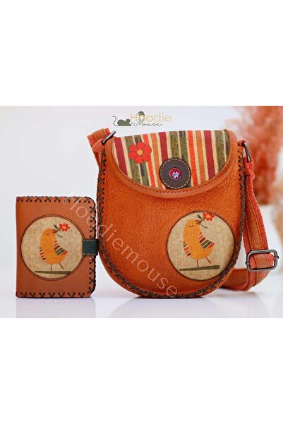 HOODİEMOUSE Cross Braided Shoulder Bag and Wallet Combination with Bird Figur...