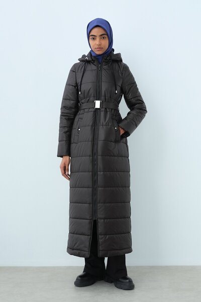 Nihan Beli Lastik Kemerli Kapitone Manto Siyah