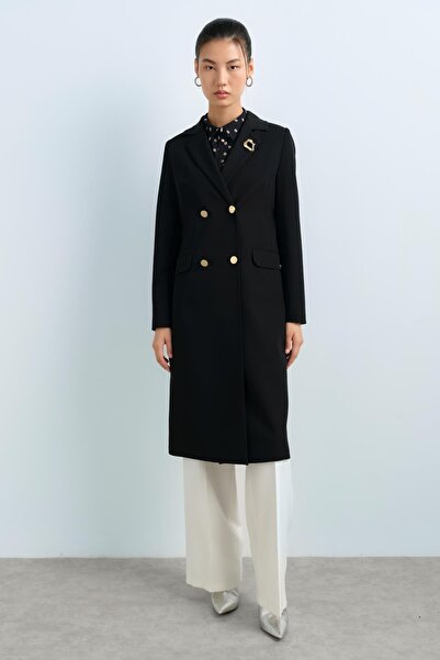 Nihan Metal Düğmeli Kruvaze Kapama Uzun Ceket Siyah