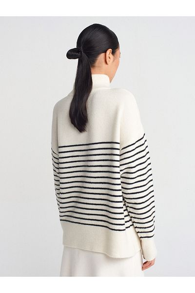Dilvin 10692 Stand Collar Striped Buttoned Knitwear Sweater-Ecru-Black