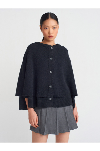 Dilvin 60929 Πλεκτή ζακέτα με λαιμόκοψη και κουμπιά - Ανθρακί