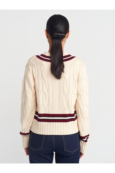 Dilvin 10698 V-Neck Striped Knitwear Sweater-Ecru-Claret Red