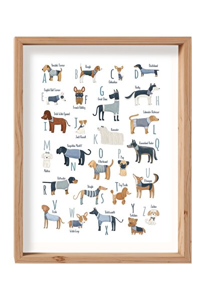 Jeronkarji Mavi Kazaklı Köpeklerin Alfabesi Ahşap Tablo Çerçeveli Çocuk Odası...