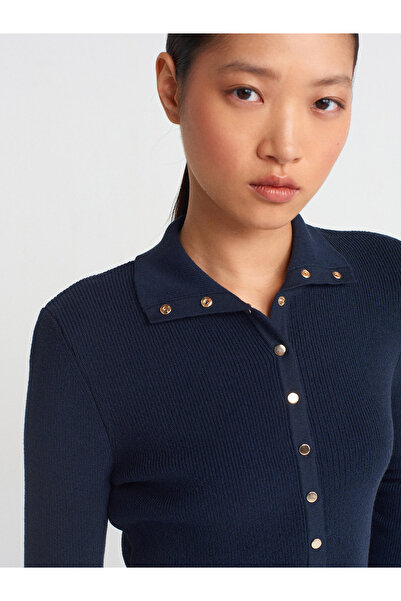 Dilvin 10686 Πλεκτό πουλόβερ με ψηλός λαιμός κουμπώματα-Μπλε ναυτικό