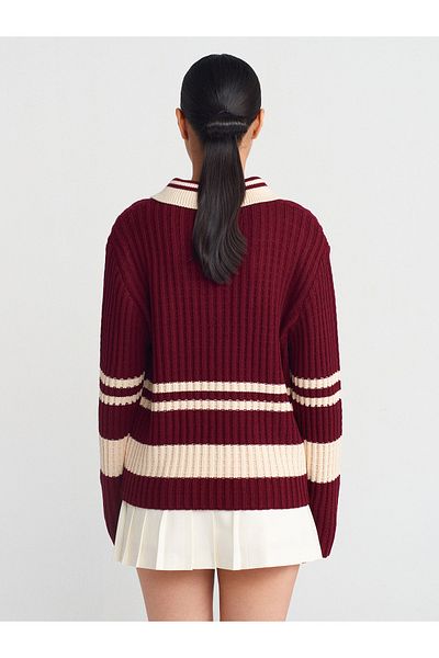 Dilvin 10695 Polo Neck Striped Buttoned Knitwear Sweater-Claret Red-Ecru