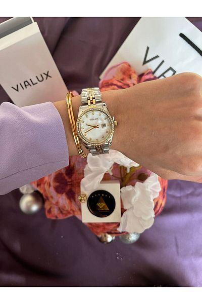 Vialux Women's Wrist Watch Gift with Stones Women's Wrist Watch Steel Case Double Color Lanyard Women's Wrist Watch