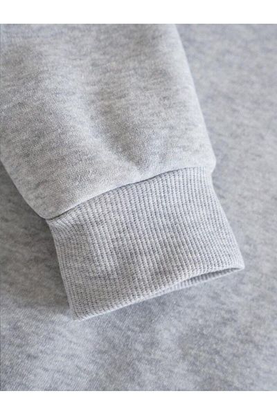 LAND MODA Γκρι φούτερ με κουκούλα με στάμπα στην πλάτη