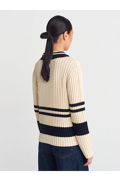 Dilvin 10695 Pulover tricot cu nasturi cu dungi cu gât polo-Ekru-L.