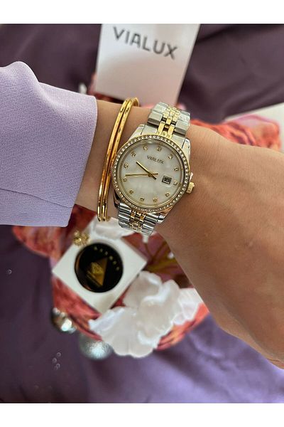 Vialux Women's Wrist Watch Gift with Stones Women's Wrist Watch Steel Case Double Color Lanyard Women's Wrist Watch