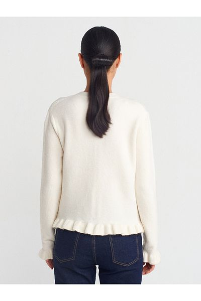 Dilvin 60934 Crew Neck Ruffle Detailed Buttoned Knitwear Cardigan-Ecru